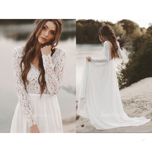 👰🏻♀️Boho V-neck A-line Long Sleeve Lace V-Back Wedding Dress👰🏻♀️NWT~4 - Picture 3 of 16